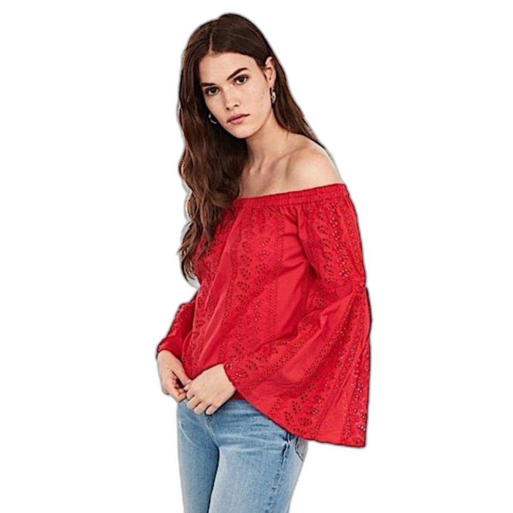 Express Red Off Shoulder Eyelet Bell Sleeve Blouse Top Size XS